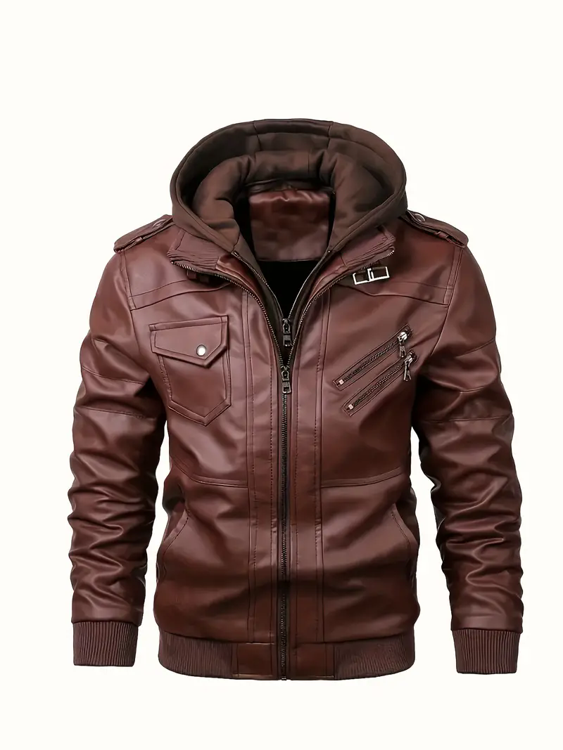Miniatura: Jaqueta masculina de couro para motociclista - Corte ajustado