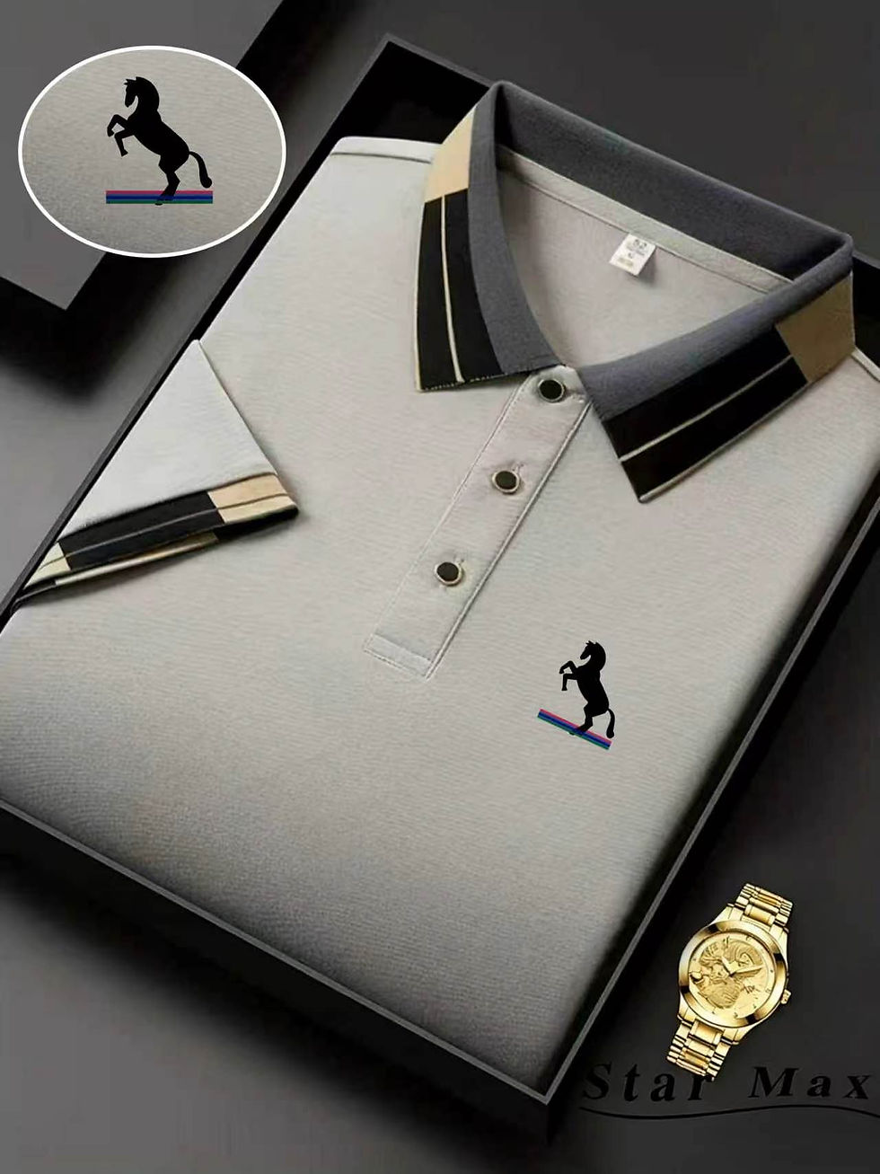Miniatura: Polo masculina de luxo com manga curta e bordado de cavalo, estilo Milão