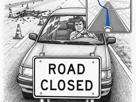 A sketch showing a GPS map and a road closed for construction, illustrating the conflict between the model and reality.