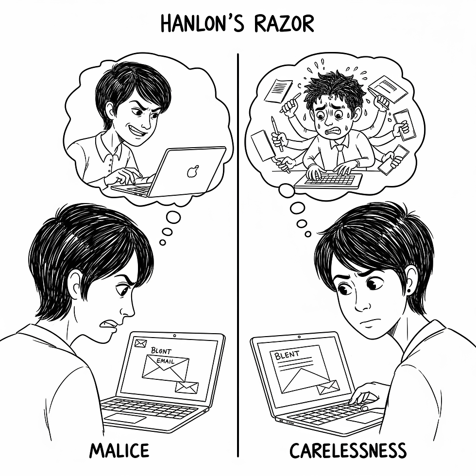 A split-panel showing a choice between malice and a mistake, representing Hanlon's Razor.