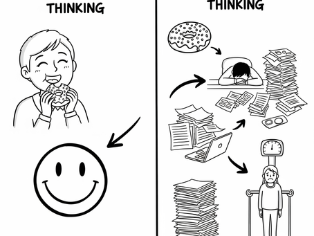 A sketch showing a donut's short-term pleasure and its long-term negative consequences.