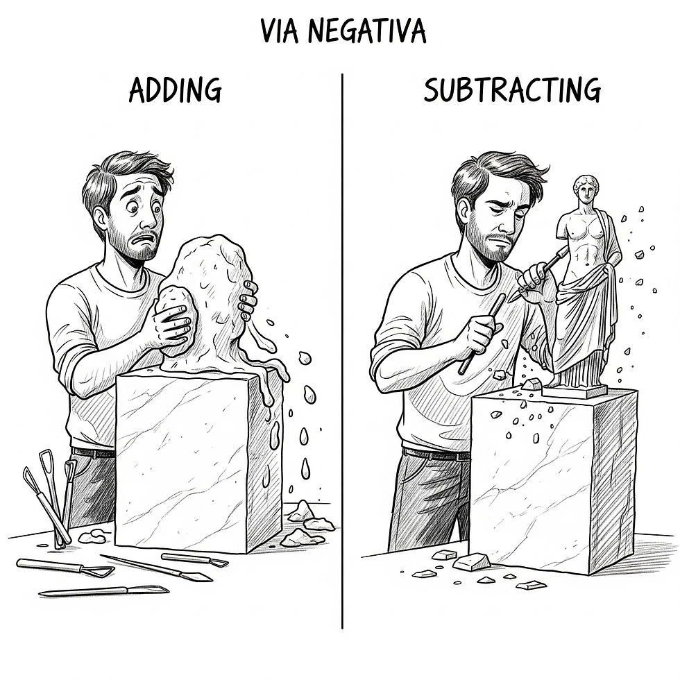 A split-panel sketch showing a sculptor creating a statue by subtracting from a block of marble.