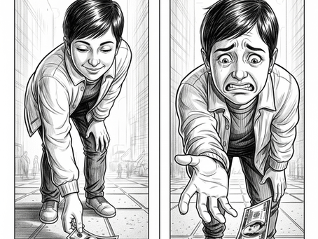 A split-panel sketch showing that the pain of losing is greater than the pleasure of gaining. On the left, a person has a small smile while finding $100. On the right, the same person has an intensely pained and exaggerated expression while dropping $100.