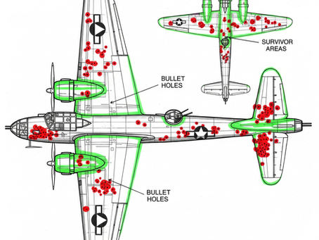 A split-panel sketch showing WWII bombers with bullet holes and engineers reinforcing the damaged areas.