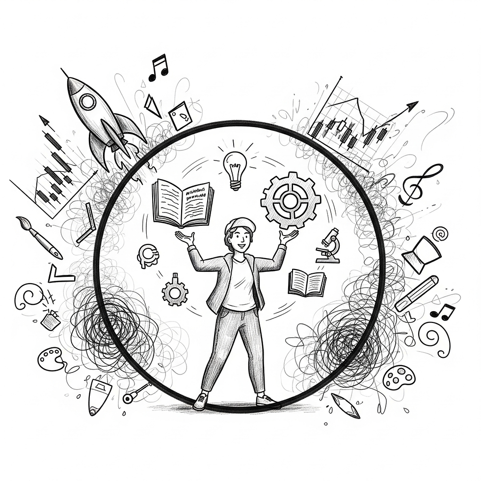 A person standing confidently inside a defined circle, representing their "circle of competence" and the limit of their true expertise.
