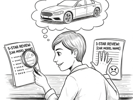 A person with a magnifying glass on a 5-star review while ignoring a 1-star review, illustrating confirmation bias.