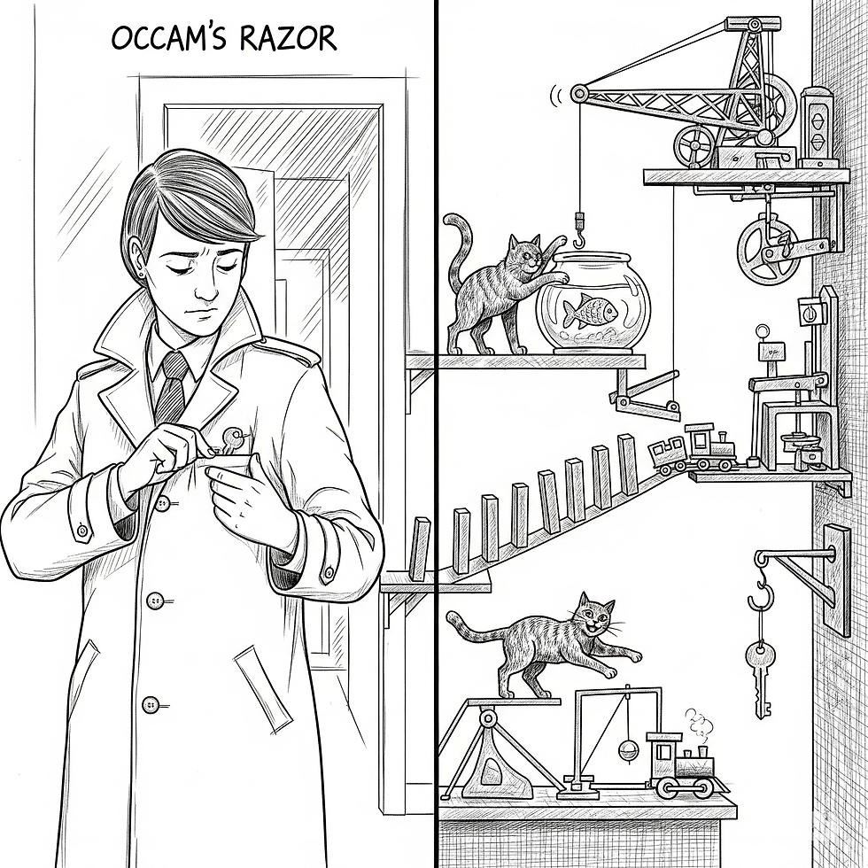 A razor trimming away a tangled mess of explanations, leaving a single, simple explanation behind, illustrating the principle of Occam's Razor.
