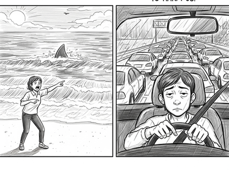 A split-panel sketch showing a person scared of a shark and a person nonchalantly driving in traffic.