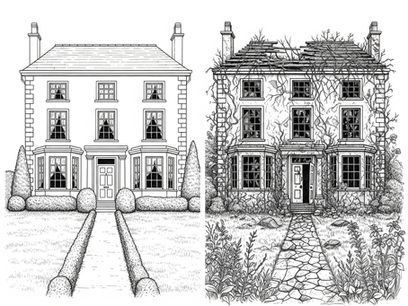 A drawing of a tidy house slowly decaying and becoming a pile of rubble.