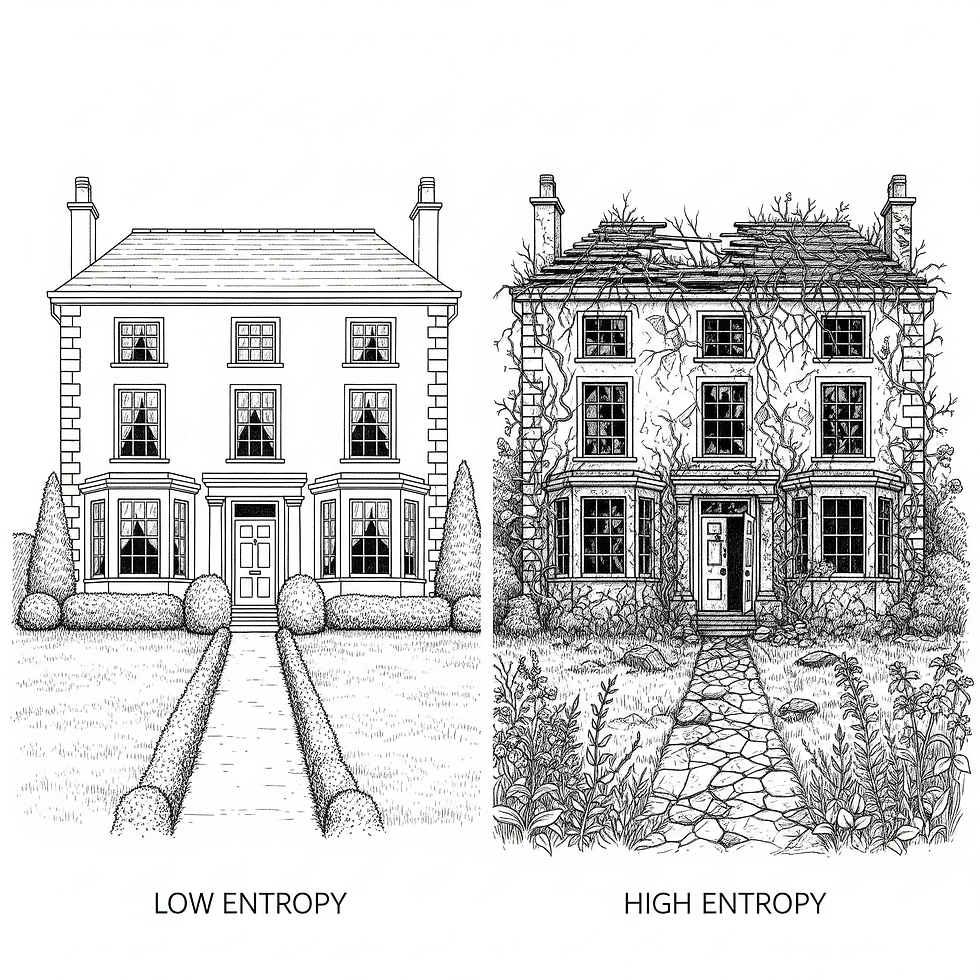 A drawing of a tidy house slowly decaying and becoming a pile of rubble.
