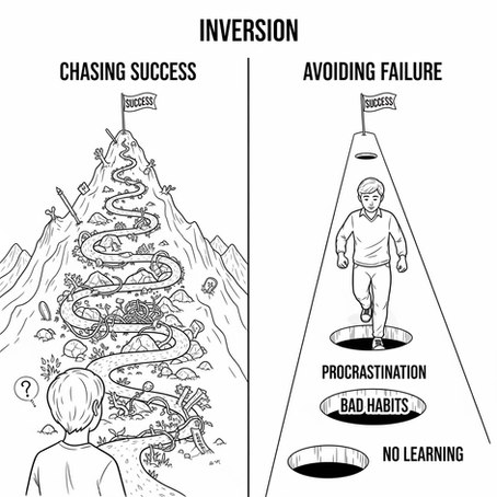 A split-panel sketch showing a person confused by a complex path and another person confidently stepping over pitfalls.