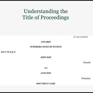 A document showing 'title of proceedings' in Ontario. Legal document example.