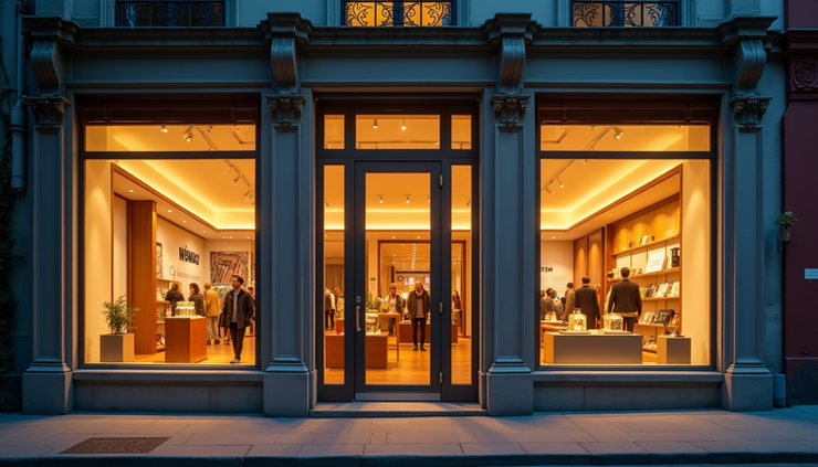 Eye-level view of a retail façade with bright, warm LED lighting highlighting window displays and signage