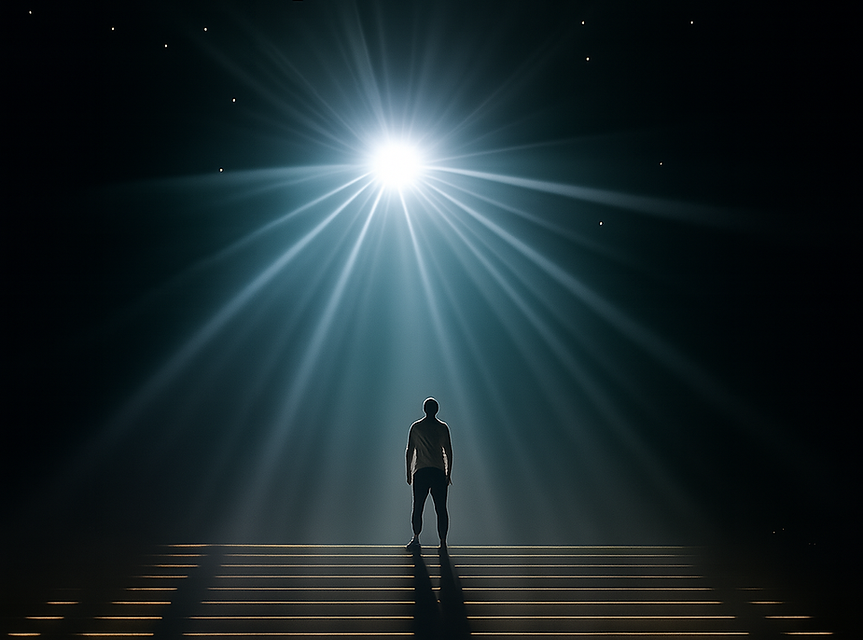 Man standing tall at the top of bright stairs – symbolising self-belief and achievement gained through confidence-building hypnosis with Inspirational-Minds, supporting interviews, public speaking, and everyday growth.