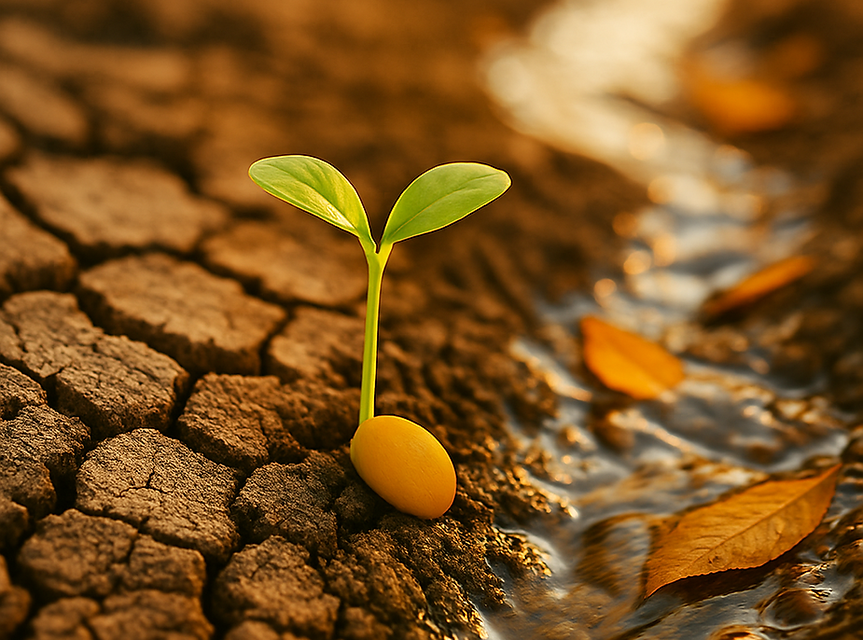 Seedling growing through cracked ground – showing healing, resilience, and new growth made possible through safe, supportive hypnosis sessions at Inspirational-Minds in Northamptonshire, helping you move forward with calm strength