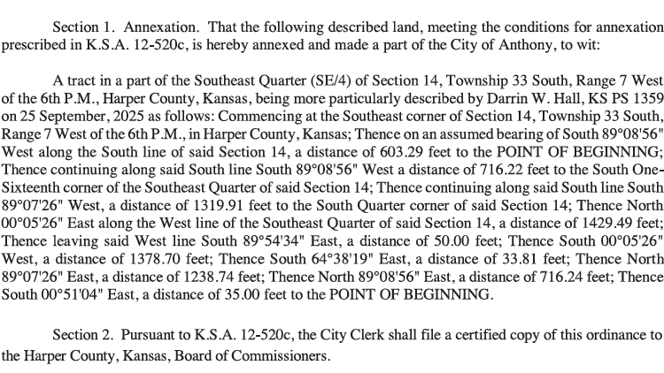 City of Anthony Ordinance S-326