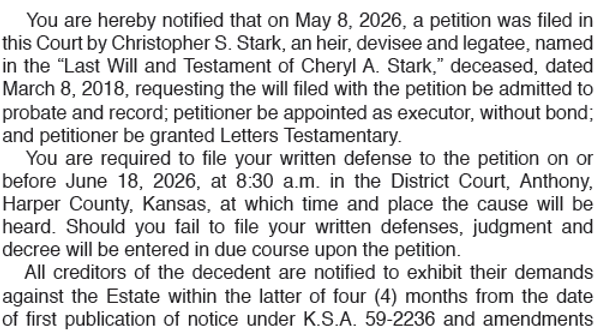 Notice to Creditors - Stark