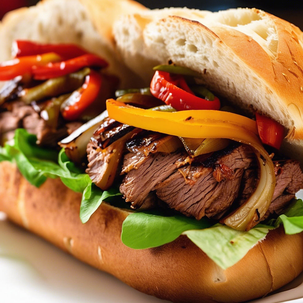 Brisket Sandwich__Served on a toasted ciabatta bread with grilled onions__& peppers, jack