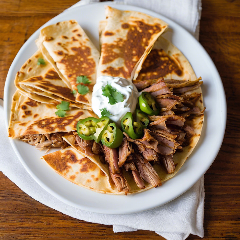 Quesadillas__Chicken brisket or pull pork, served with sour cream,__pickled jalapeño & sal