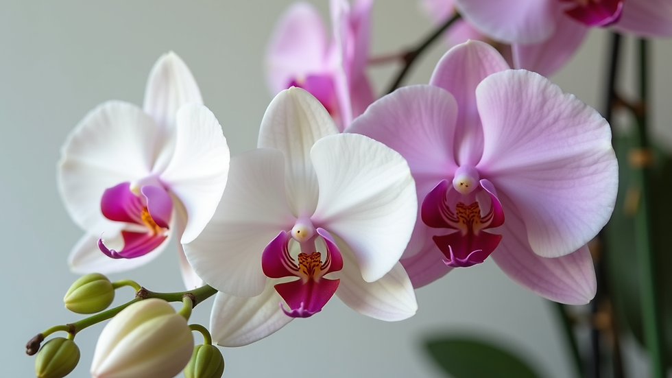 close-up view of a white and pink orchid arrangement
