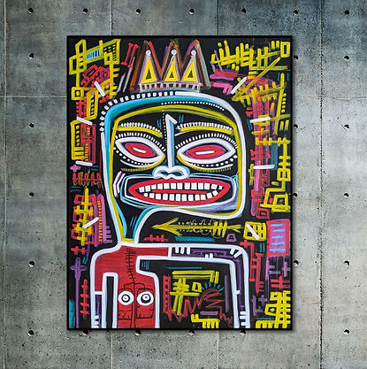 Tableau 'Parody', hommage à Basquiat, personnage coloré dans son style distinctif, sur fond noir.