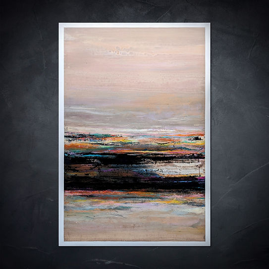 Peinture abstraite de Jules aux nuances douces et voilées, évoquant une aube brumeuse où la lumière naissante perce à travers