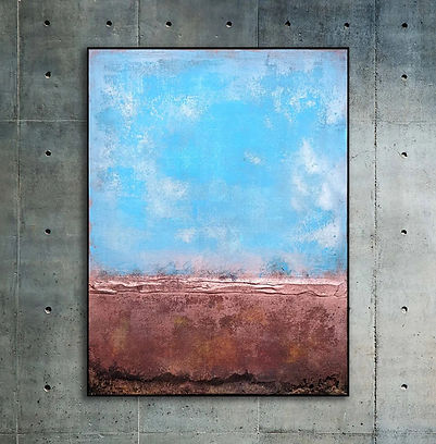 Tableau 'Bronze Azuré', déclinaison de la série 'Horizons Oubliés', mêlant cuivre texturé et ciel bleu turquoise.