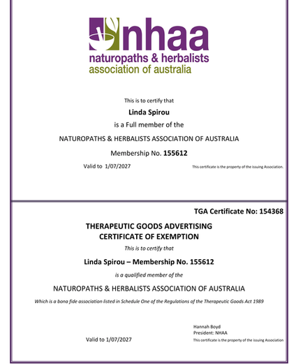 Linda Spirou offical certification for naturopaths and herbalists association of Australia (NHAA) and her certification from the Therapeutic Good of Australia.
Linda is a certifed gut healt naturopath is certified to analyse, interpret gut microbiome tests
