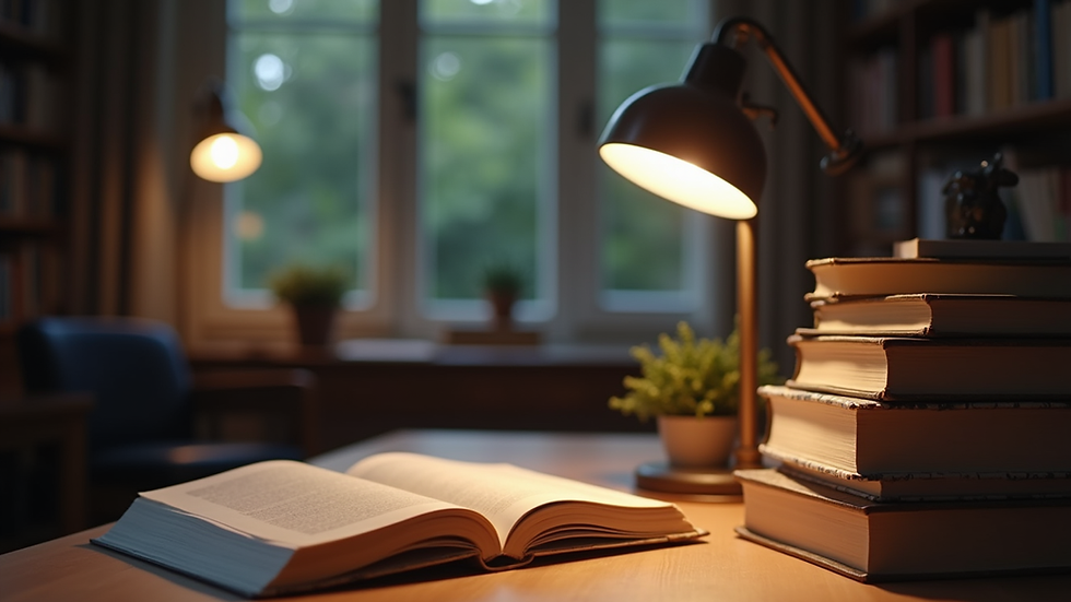 Eye-level view of a quiet study room with books and a desk lamp