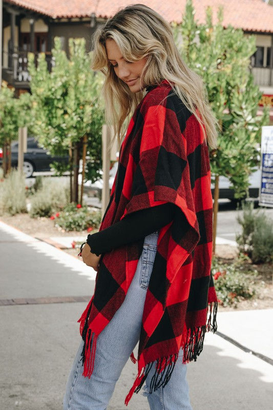 Thumbnail: By The Bonfire Buffalo Plaid Check Tassel Poncho