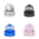 Four dome-shaped humidifiers in silver, black, blue, and pink. Each has transparent tops with visible brand text. White background.