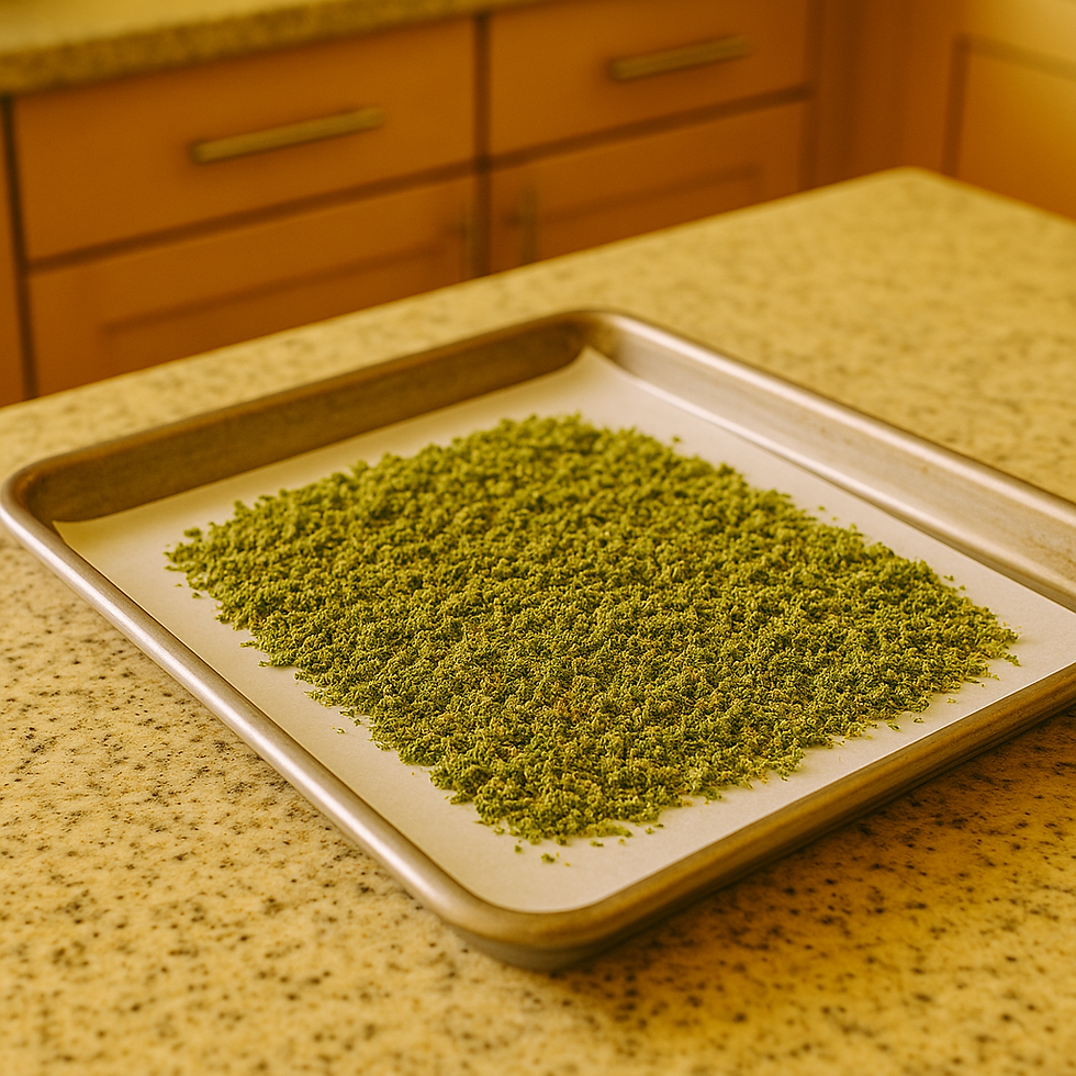 Baking sheet with weed on parchment in a warm-toned kitchen. Light wood cabinets and granite countertops in the background.