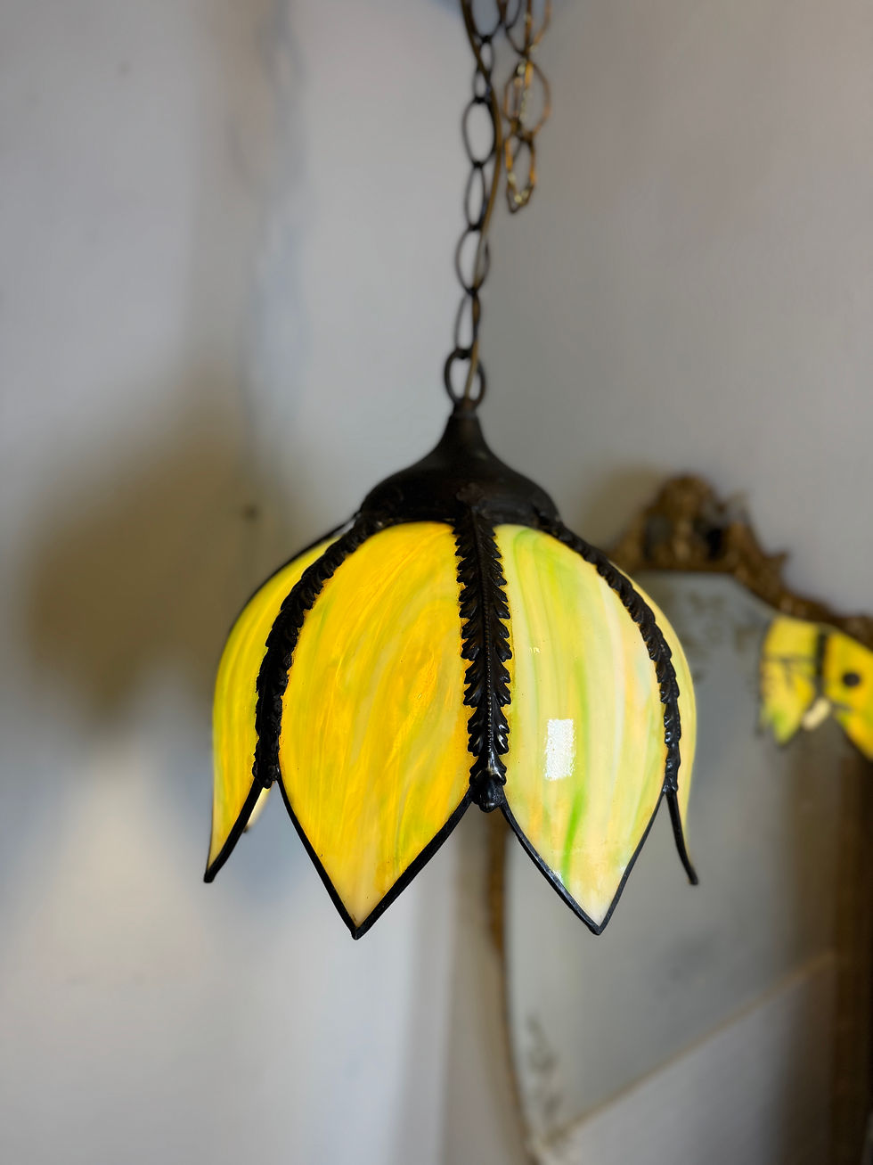 Thumbnail: Vintage Tulip Green Stained Glass Hanging Lamp