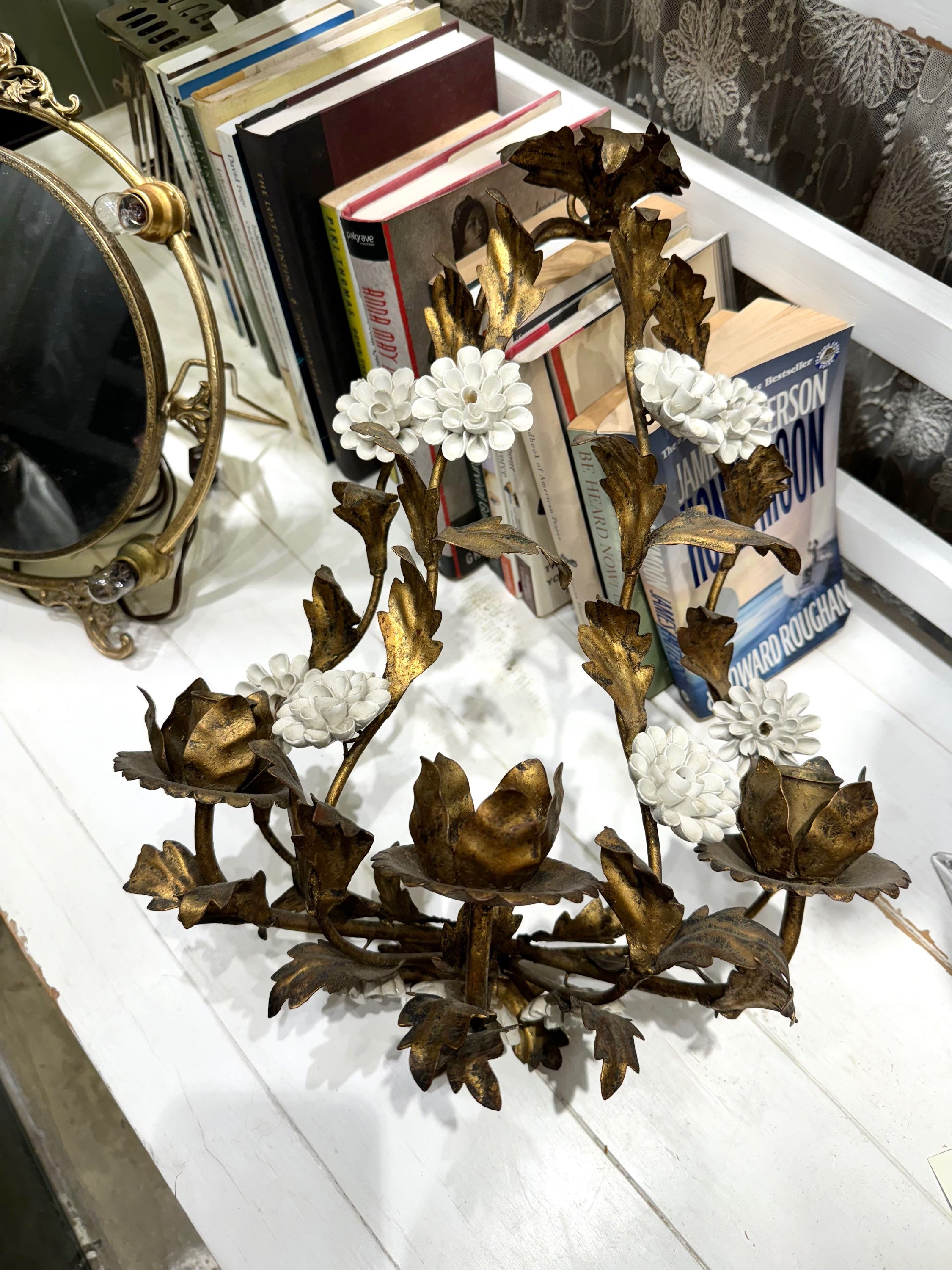 Vintage Italian Wall Candelabra With Porcelain Flowers