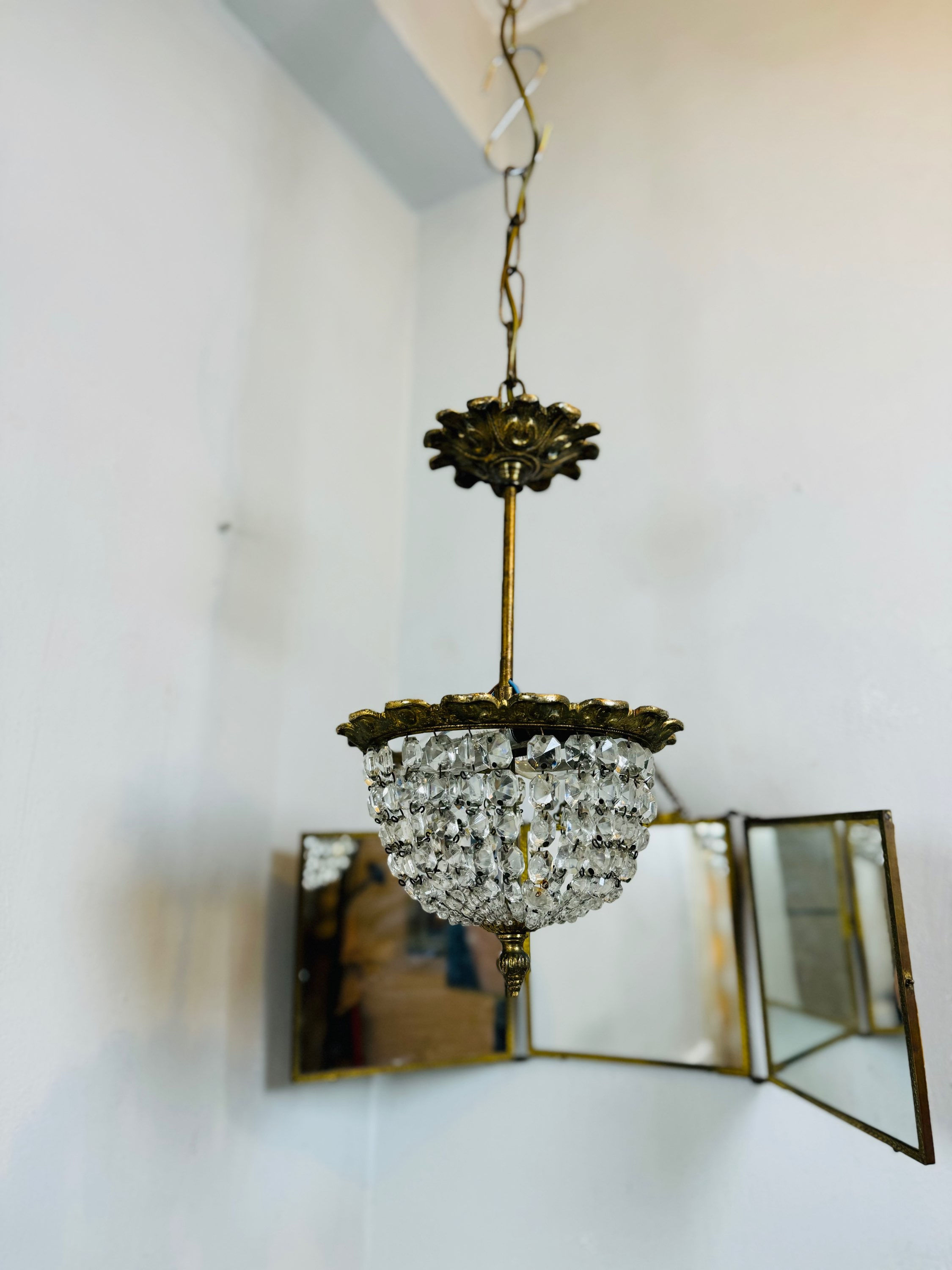 Antique Petite French Basket Crystal Chandelier