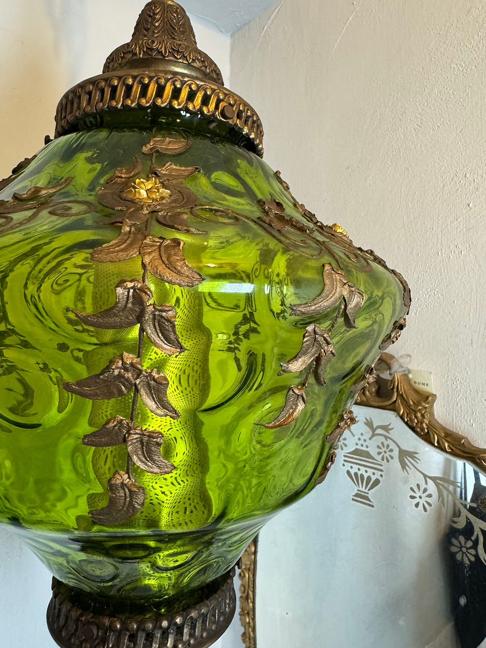 Thumbnail: Vintage Green Glass with Decorative Metal Leaves Swag Lamp