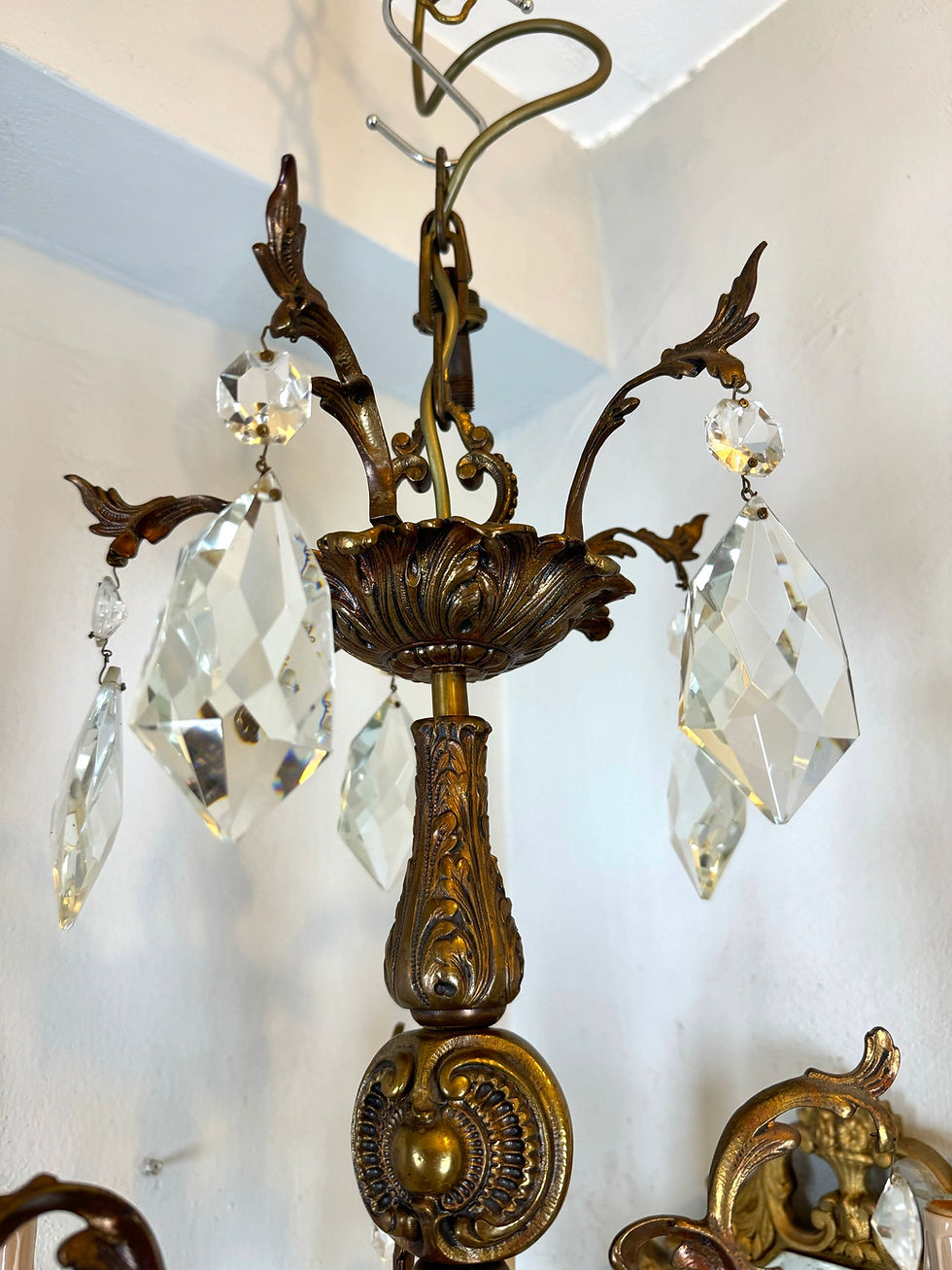Thumbnail: 1930s French Bronze Chandelier with Crystal Prisms 