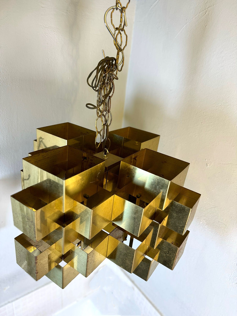 Thumbnail: Mid-Century Cubist Brass Chandelier by Curtis Jere
