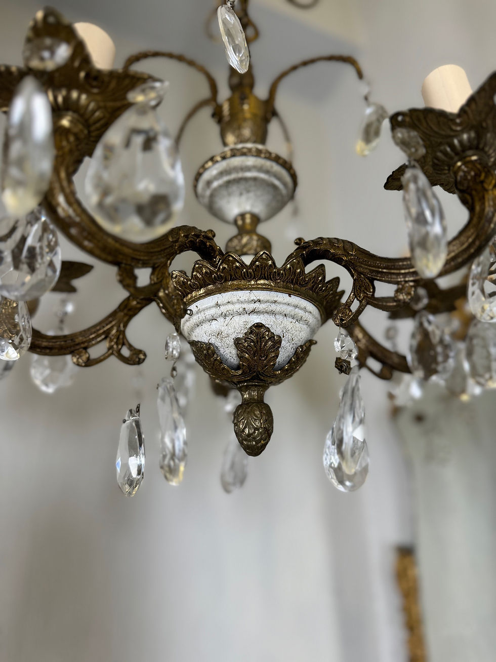 Thumbnail: Antique Petite Spanish Brass Chandelier with Crystals 