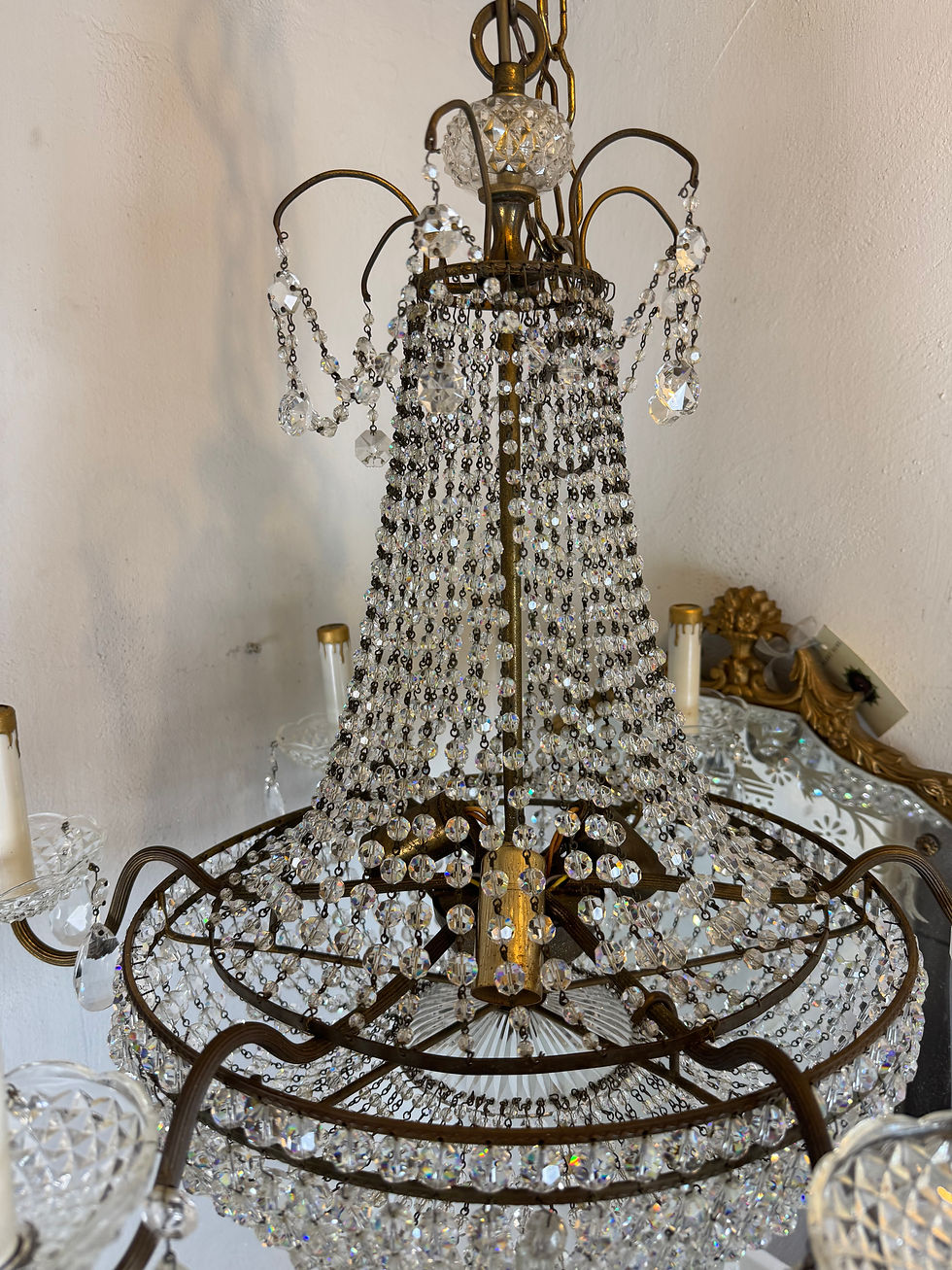 Thumbnail: Antique French Brass with Crystal Prisms Chandelier