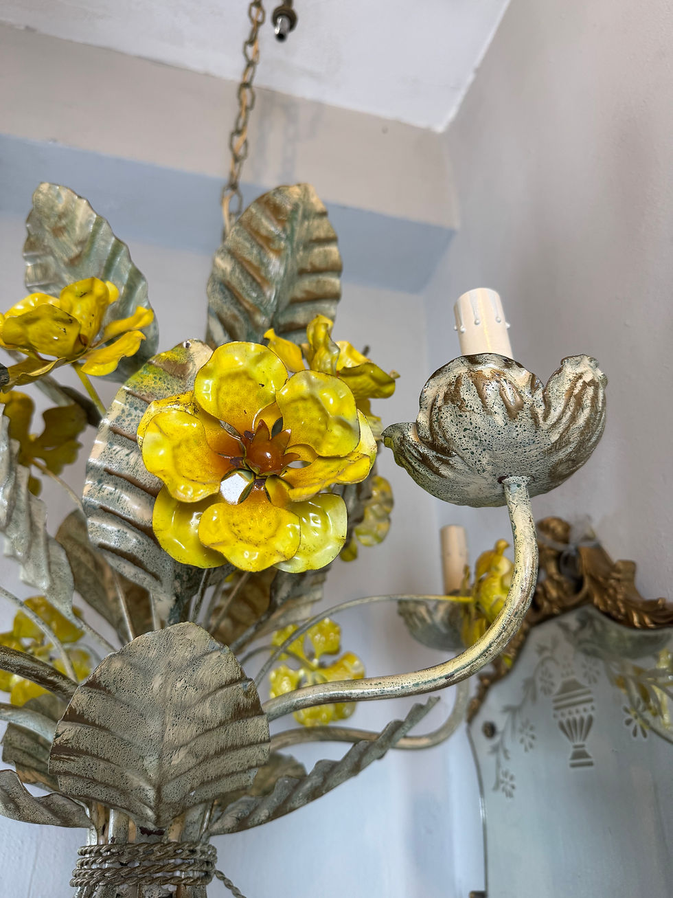 Thumbnail: Vintage Hand-painted Italian Toleware Floral  Chandelier 