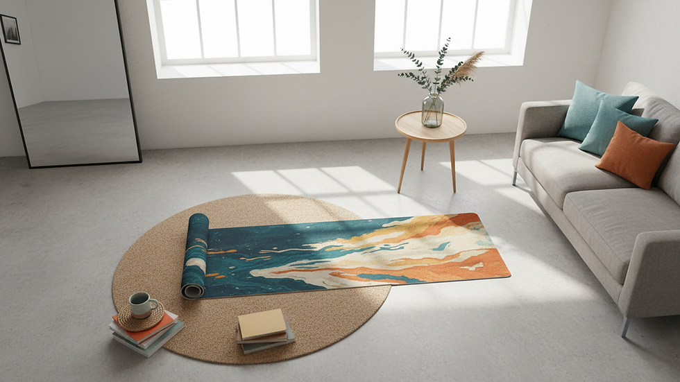 Vue en plongée d’un tapis de yoga posé dans un salon lumineux