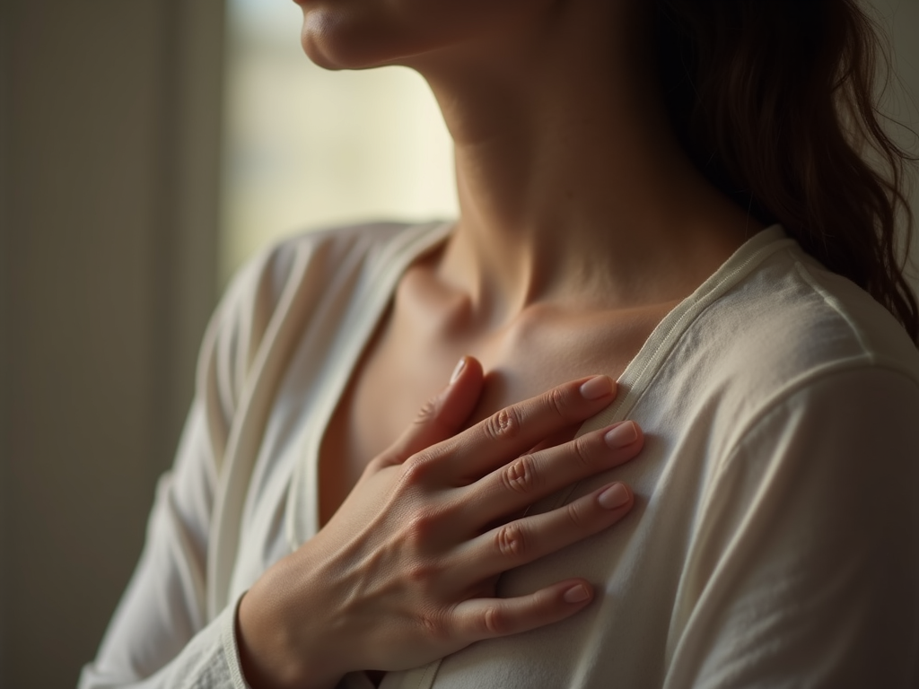 Une main posée avec bienveillance sur le cœur symbolisant l'autocompassion.