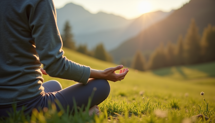Vue rapprochée d'une séance de méditation en plein air dans un cadre naturel suisse