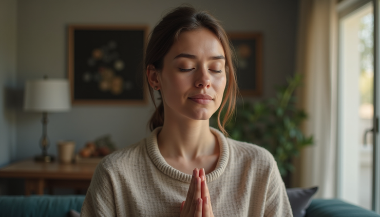 Vue rapprochée d’un participant en séance de mindfulness en ligne, concentré devant son écran