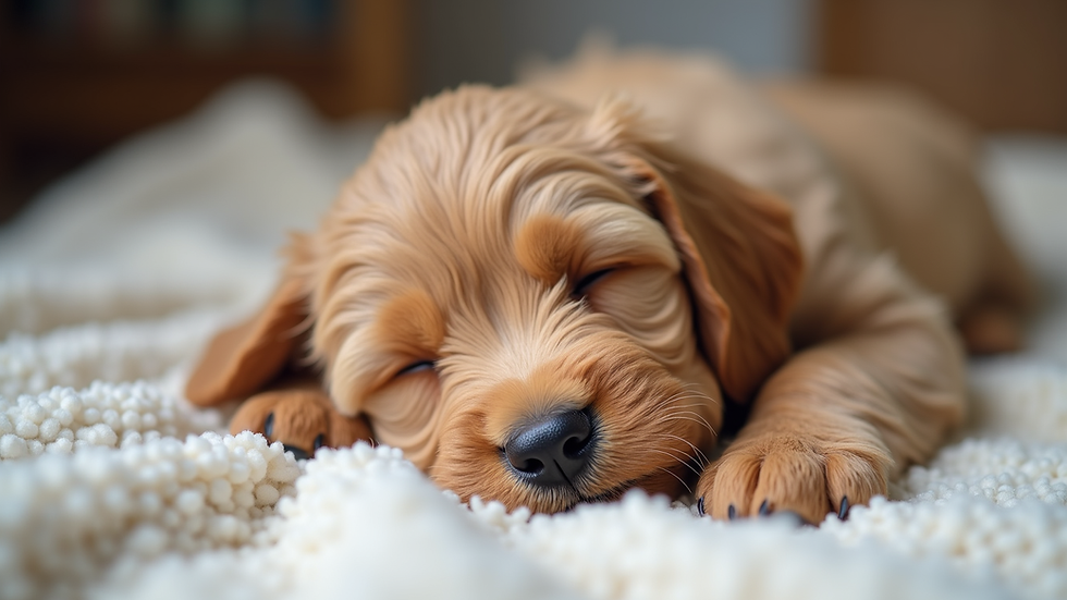 Close-up view of a Goldendoodle puppy sleeping on a soft blanket