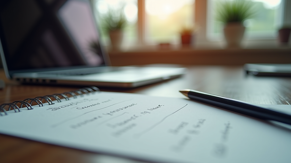 Eye-level view of a workspace with a laptop and notepad