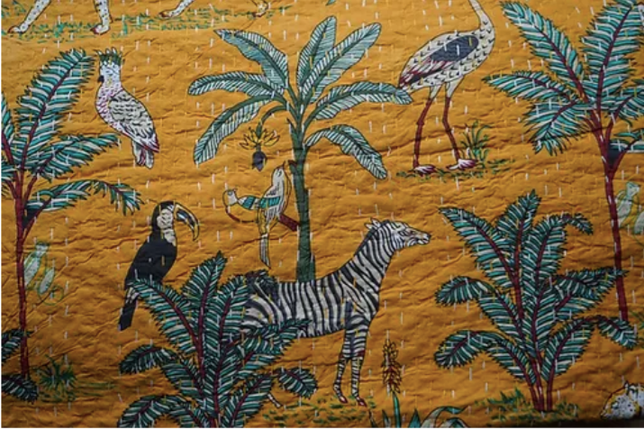 Couvre lit O jaune et vert motif jungle, palmiers, animaux