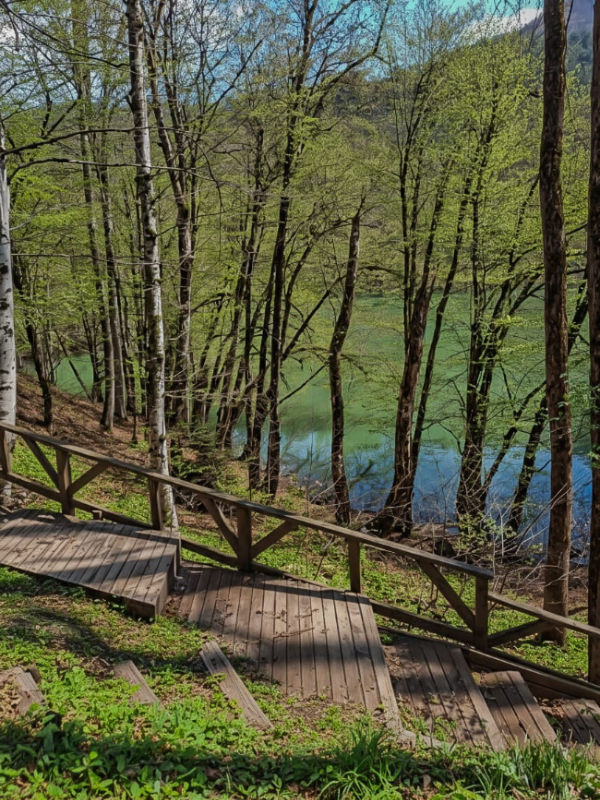 Wooden stairs and hiking trails leading down to the lake inside Yedigoller National Park, Bolu.