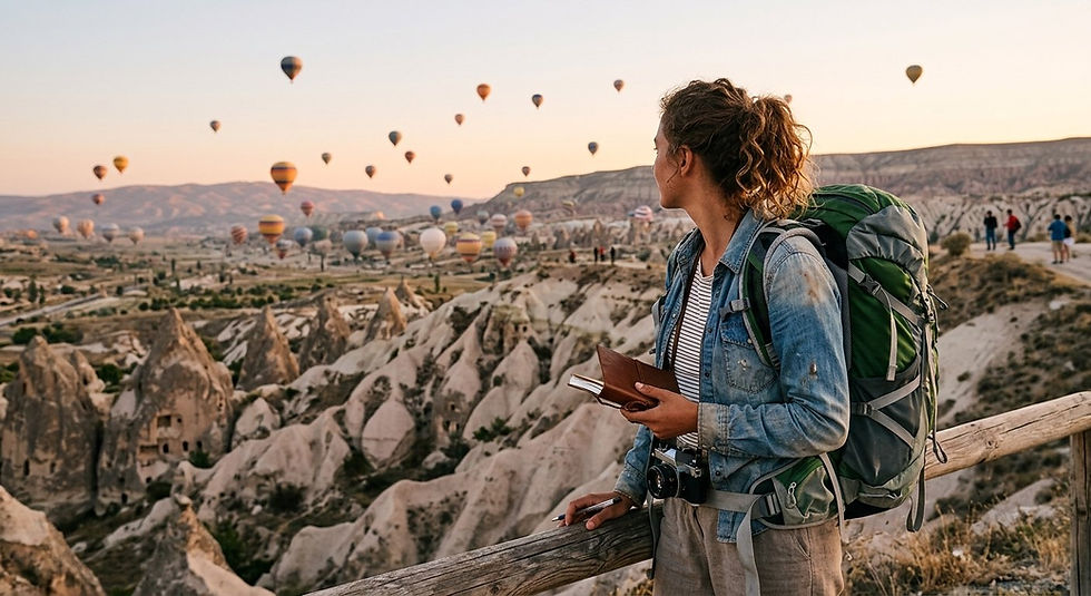 budget traveler under Cappadocia hot air balloons at sunrise